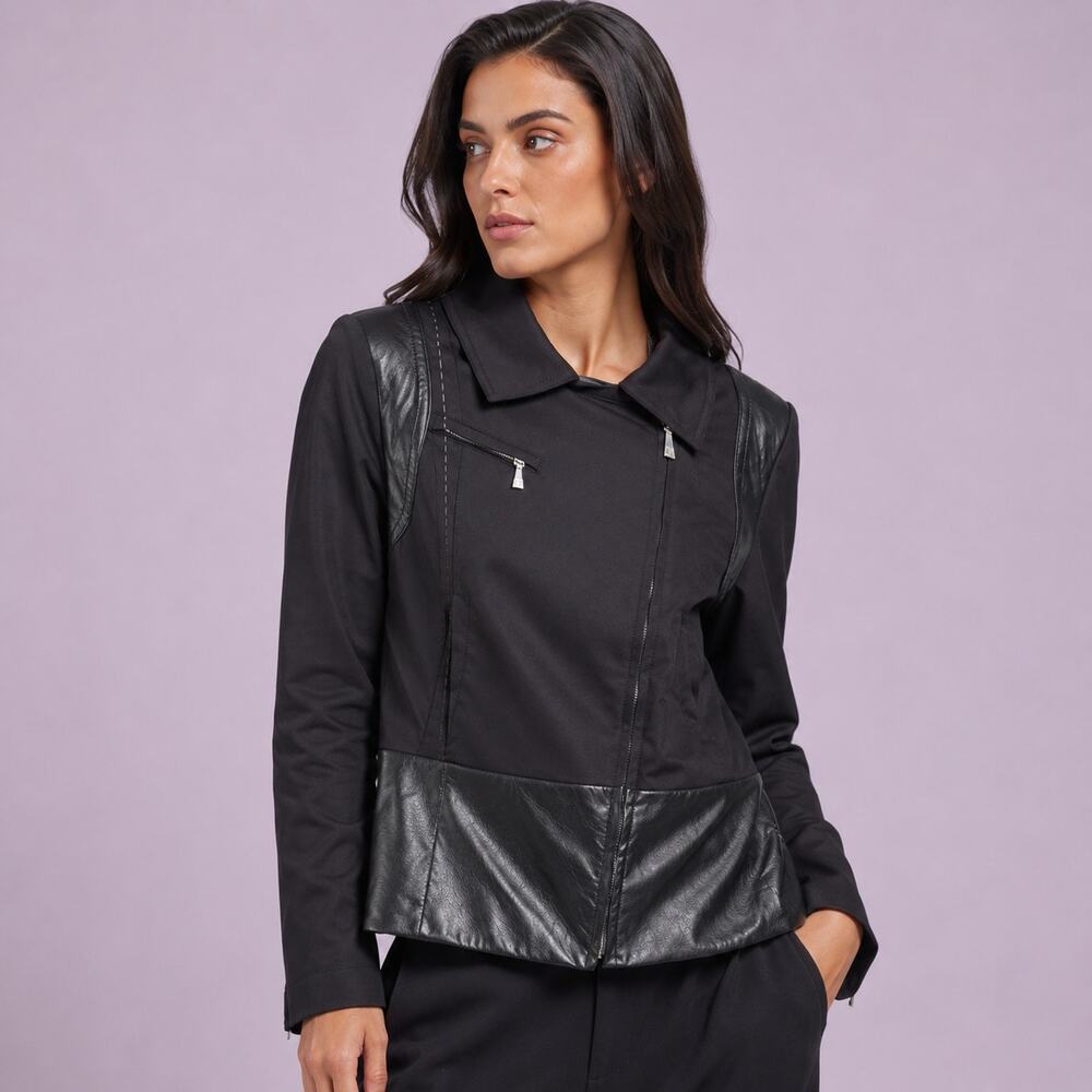 Dawn Levy Brooklyn Moto Jacket Womens Small Black Cotton Leather Zip Biker Coat